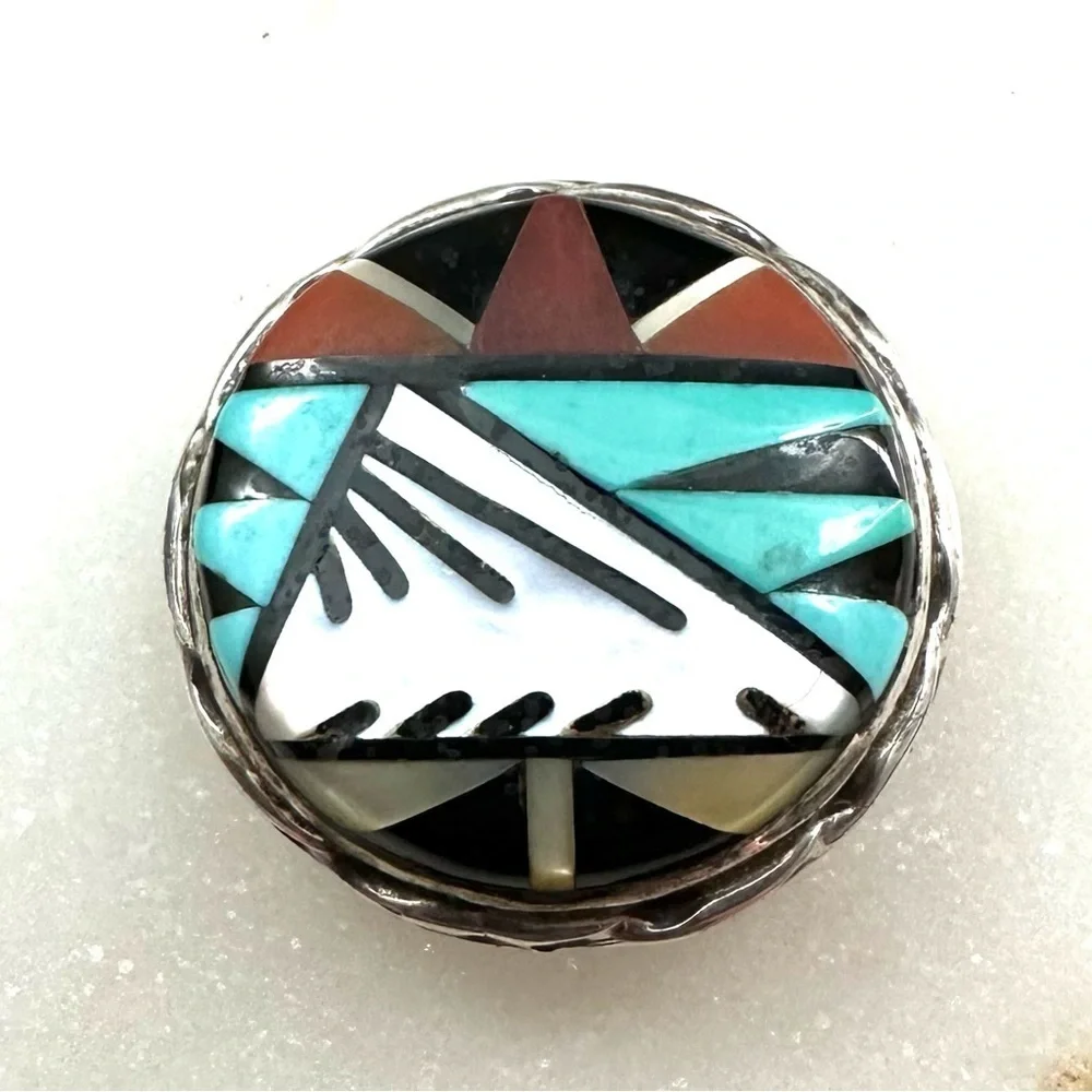 C.C. Booqua Native Zuni Mother of Pearl Red Coral Jet Inlay Pendant and Brooch